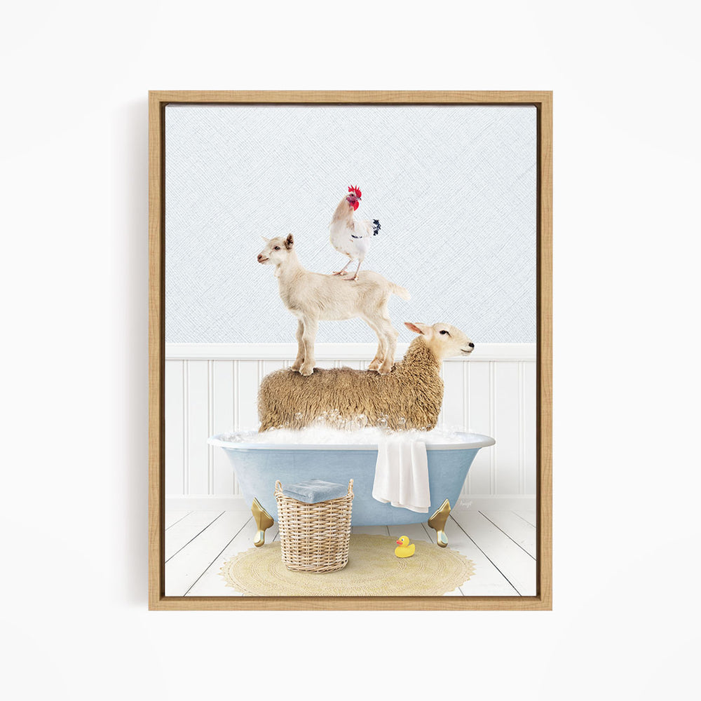 A framed image depicting a sheep standing on a bathtub, with a chicken perched on top, and a lamb sitting on the tub's edge.