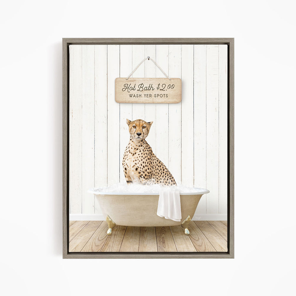 A cheetah sitting in a bathtub, with a wooden sign above it that reads "Hot Bath $2.00 WASH YER SPOTS".
