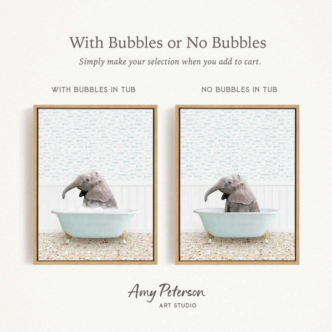 The image is a collage of two pictures, each depicting an elephant in a bathtub. The first picture shows an elephant sitting in a bathtub filled with bubbles, while the second picture shows an elephant sitting in a bathtub without bubbles. The text above the images reads "With Bubbles or No Bubbles" and below the images, it says "Simply make your selection when you add to cart."