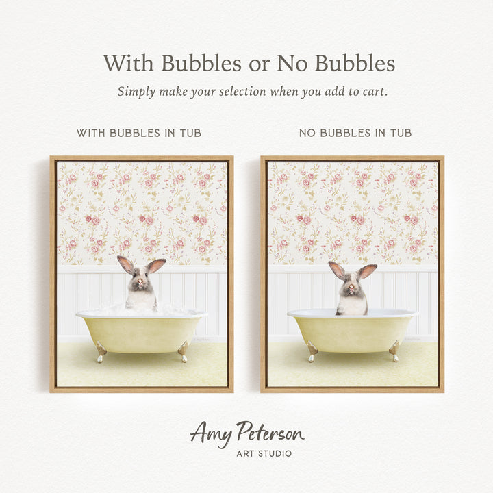 The image is a collage of two framed pictures, each depicting a rabbit sitting in a bathtub. The text above the images reads "With Bubbles or No Bubbles" and below the images, it says "Simply make your selection when you add to cart."