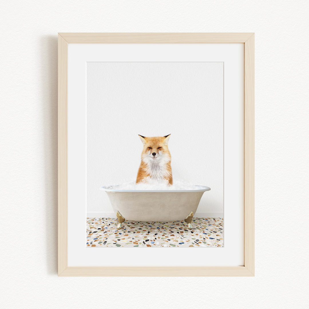 A red fox sitting in a white bathtub filled with bubbles, looking directly at the camera.