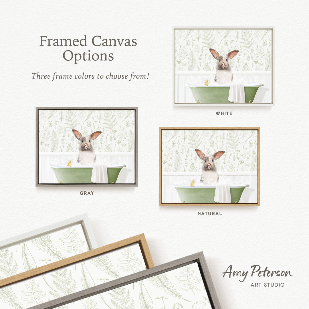 three framed canvas options featuring a pig sitting in a green bathtub, with different frame colors available.