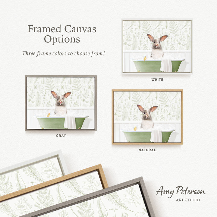 three framed canvas options featuring a pig sitting in a green bathtub, with different frame colors available.