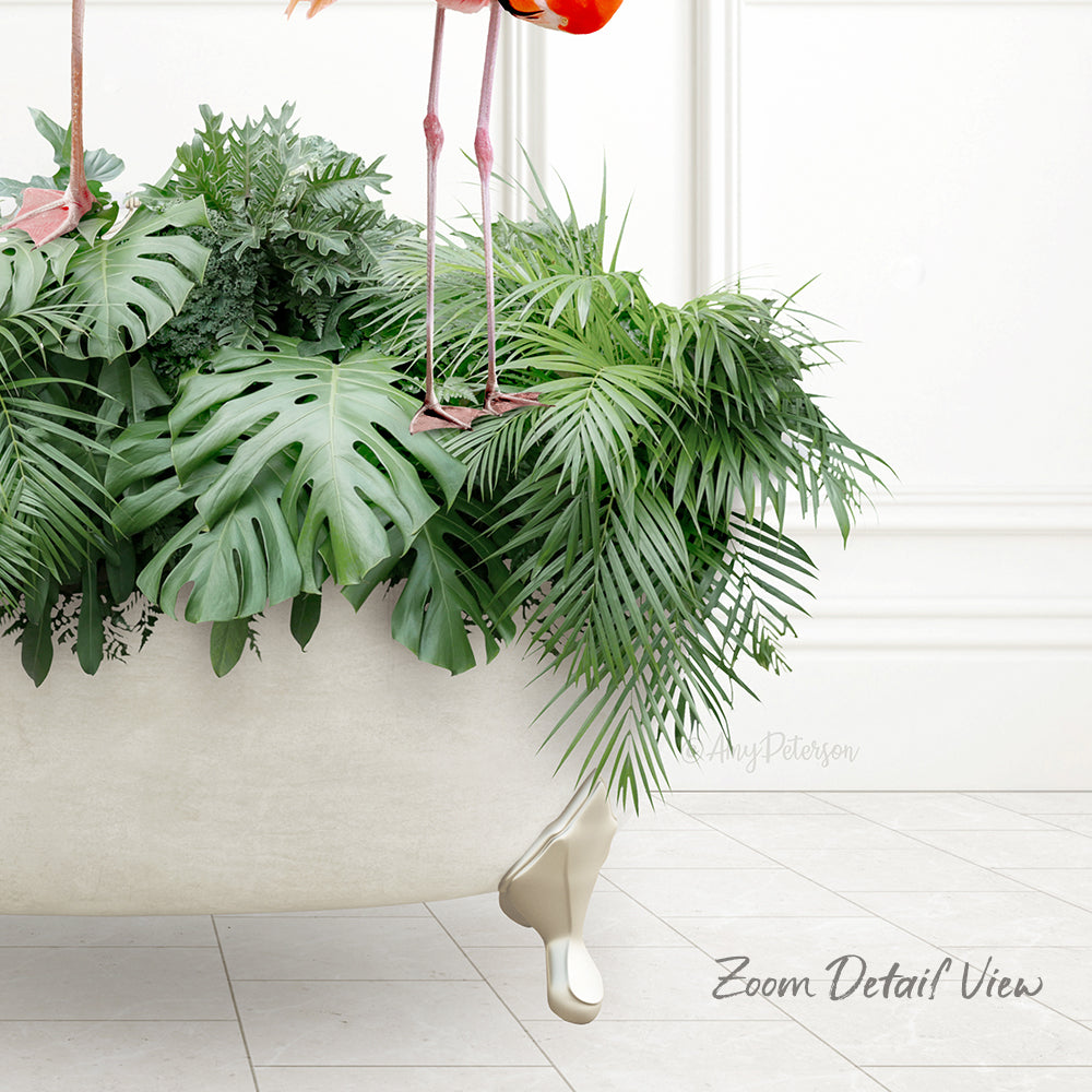 A white bathtub filled with lush green plants and palm fronds, with a pair of pink flamingos standing on the edge of the tub.