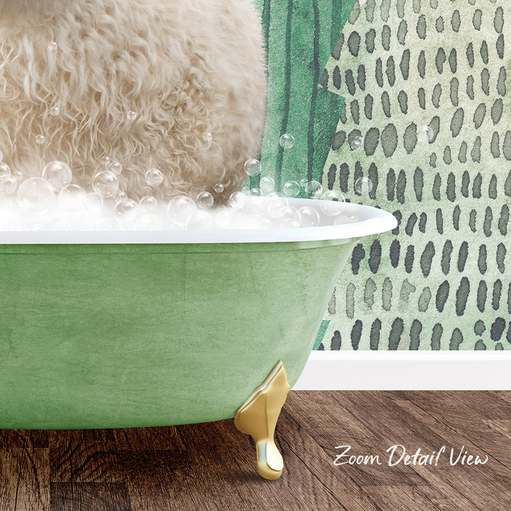 A fluffy white dog is sitting in a green bathtub filled with bubbles, with a patterned wall in the background.