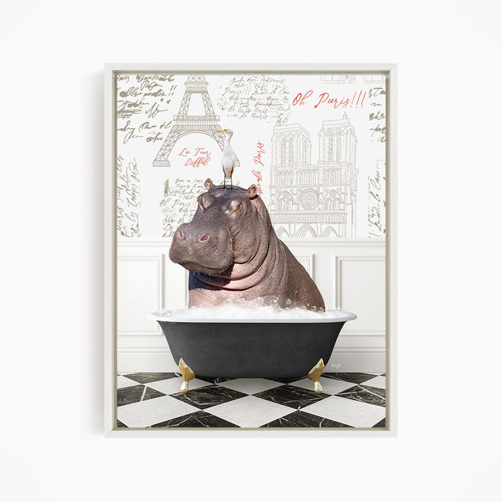A large hippopotamus sitting in a bathtub filled with water, with a bird perched on its head. The background features a wall with various inscriptions and illustrations, including the Eiffel Tower and other Parisian landmarks.
