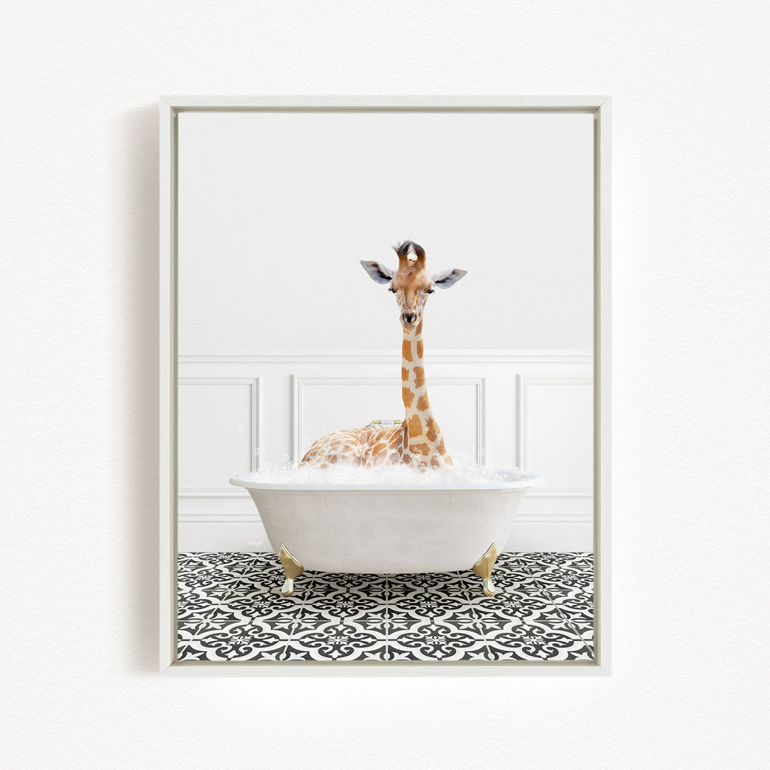 A giraffe sitting in a white bathtub filled with water, creating a whimsical and playful scene.