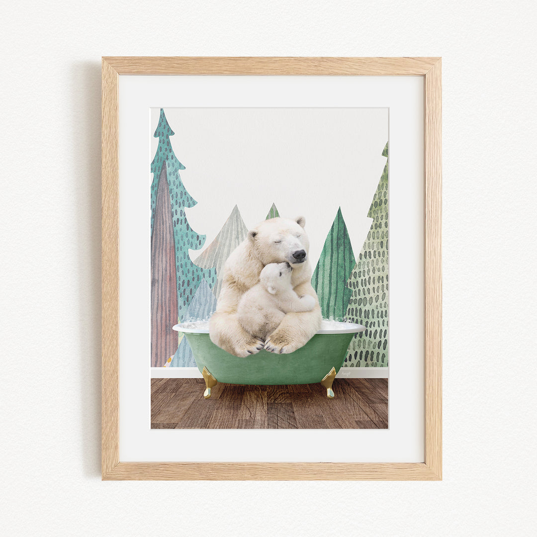 A framed image depicting a mother polar bear sitting in a green bathtub, with her cub resting on her lap, against a backdrop of stylized trees.