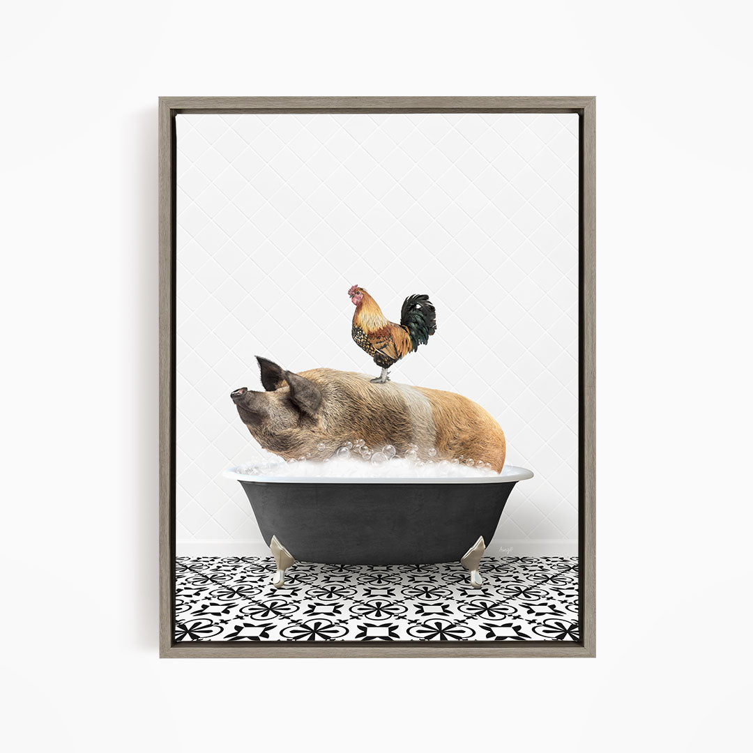 A rooster sits atop a pig in a bathtub, creating a whimsical and humorous scene.