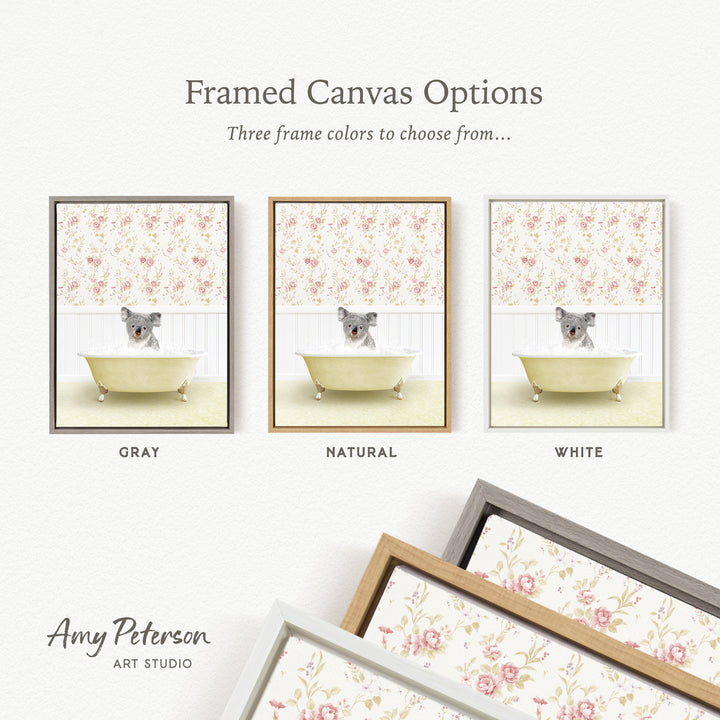 The image is a framed canvas option showcasing three different framed canvas options for a koala sitting in a bathtub. The options include a gray frame, a natural frame, and a white frame.