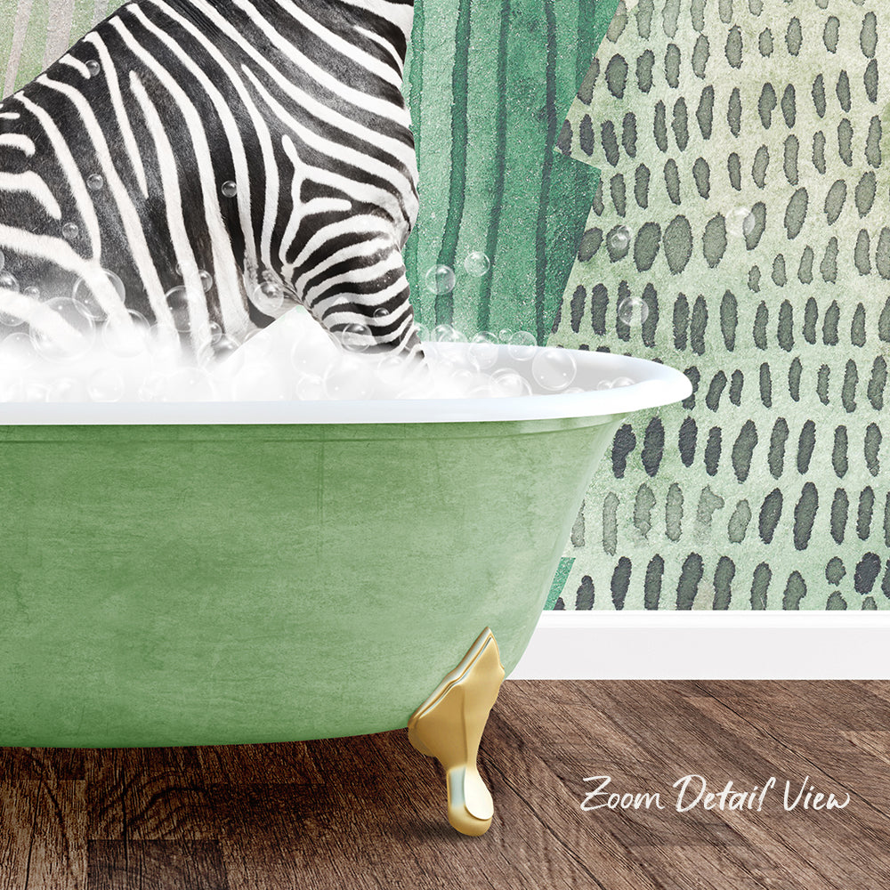 A zebra standing in a green bathtub filled with bubbles, with a patterned wall in the background.