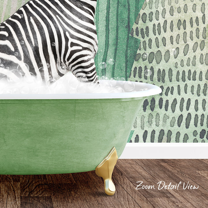 A zebra standing in a green bathtub filled with bubbles, with a patterned wall in the background.