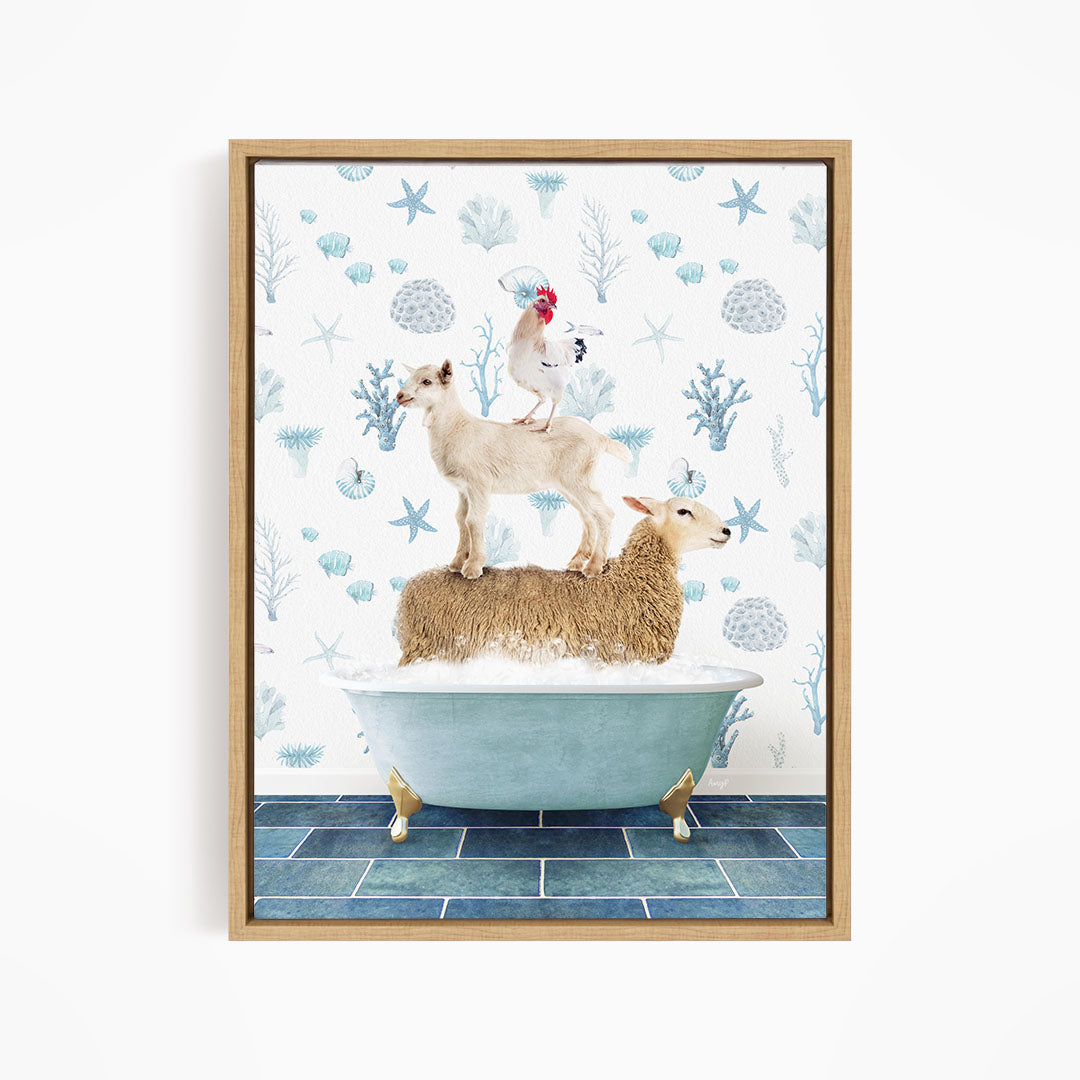 A framed image depicting a sheep standing on a bathtub filled with water, with a chicken perched on top of the sheep.