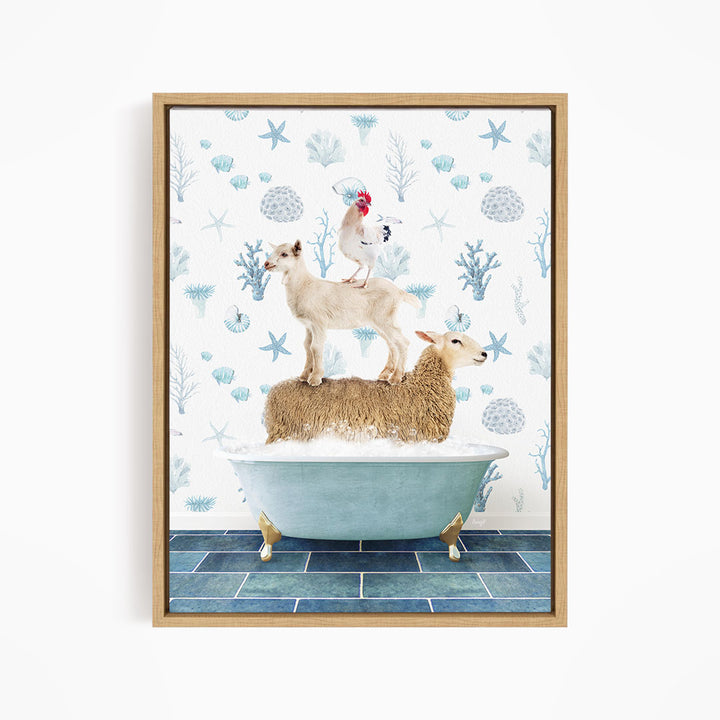 A framed image depicting a sheep standing on a bathtub filled with water, with a chicken perched on top of the sheep.