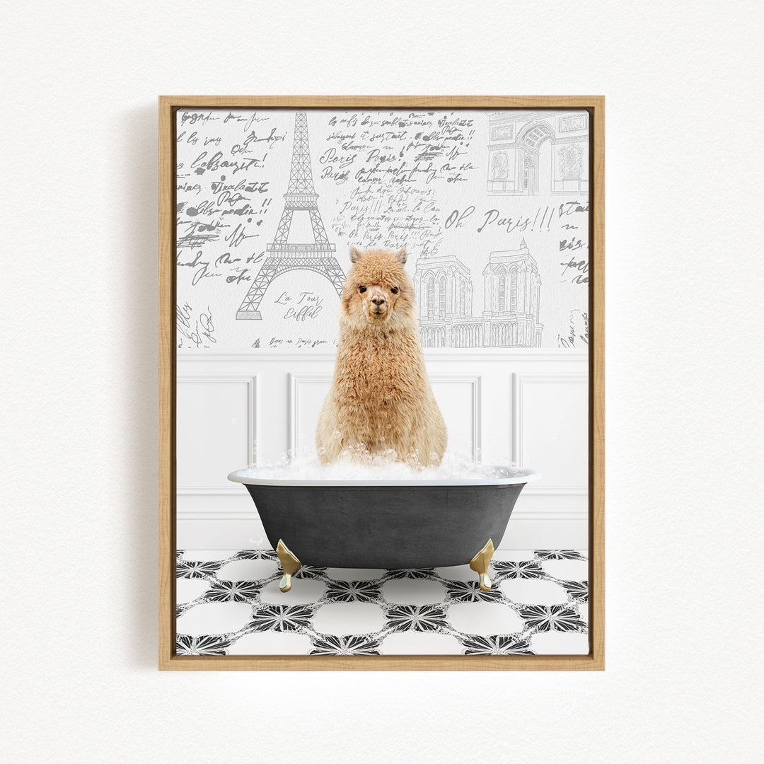 A fluffy brown dog is sitting in a bathtub filled with water, surrounded by a black and white tiled floor and a wall with various inscriptions and drawings.