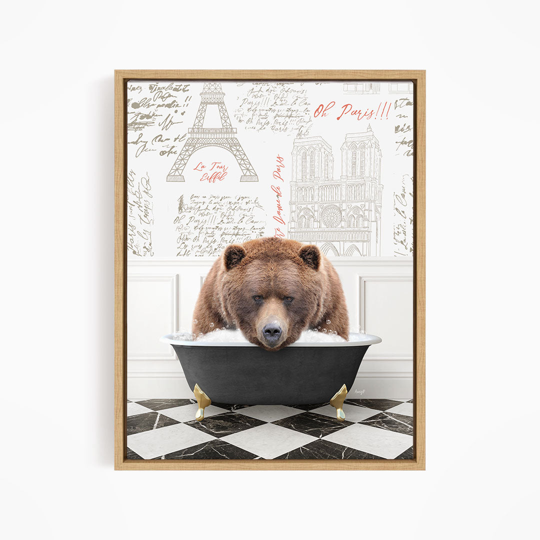 A brown bear is sitting in a bathtub filled with water, surrounded by various texts and illustrations related to Paris.