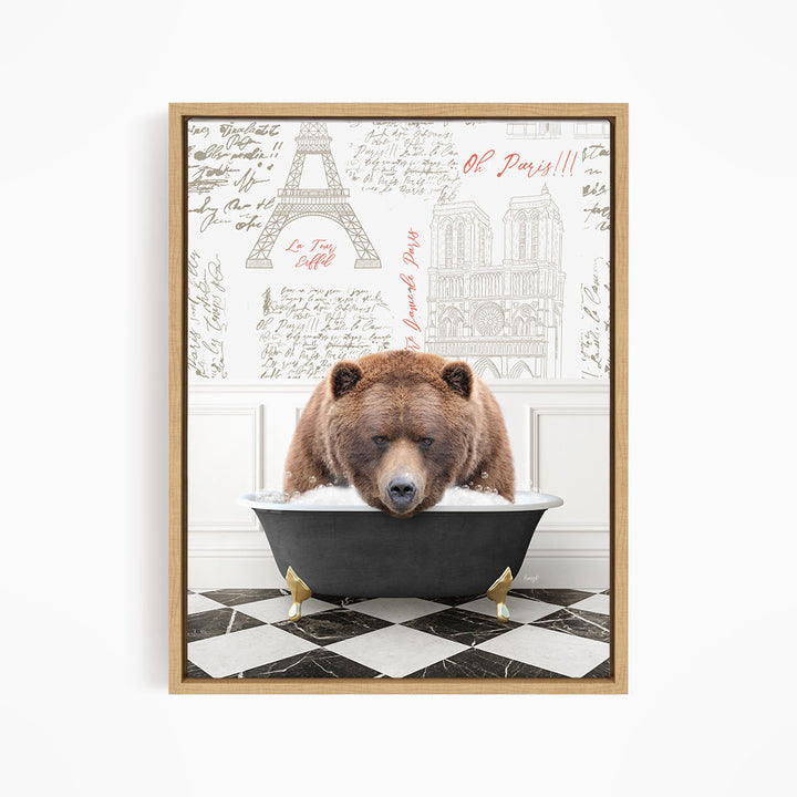 A brown bear is sitting in a bathtub filled with water, surrounded by various texts and illustrations related to Paris.