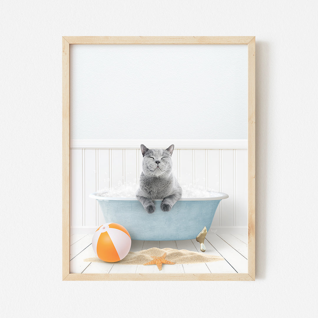 a cat sitting in a bathtub with a beach ball