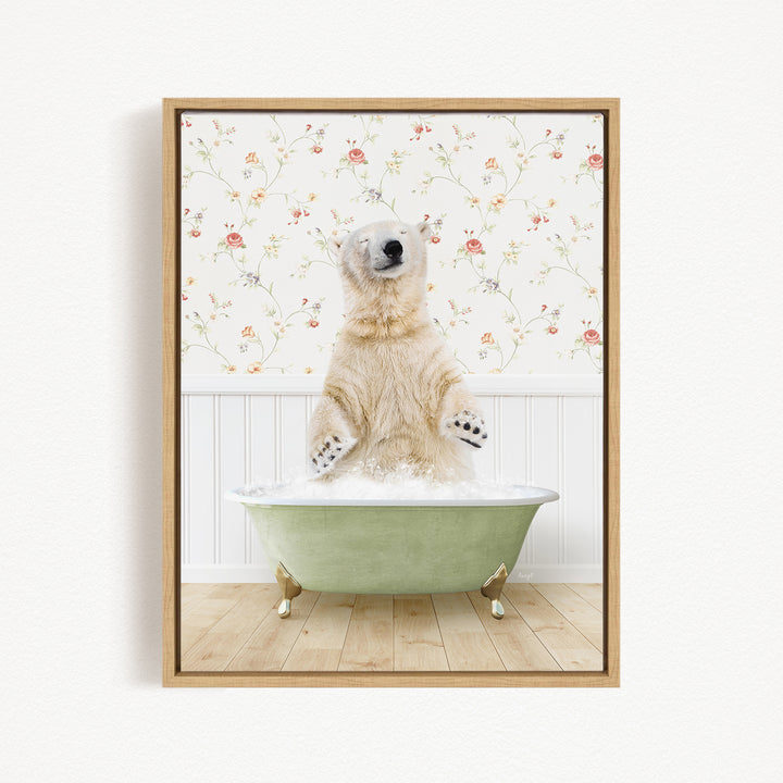 A polar bear standing in a green bathtub filled with water, with a floral wallpaper in the background.