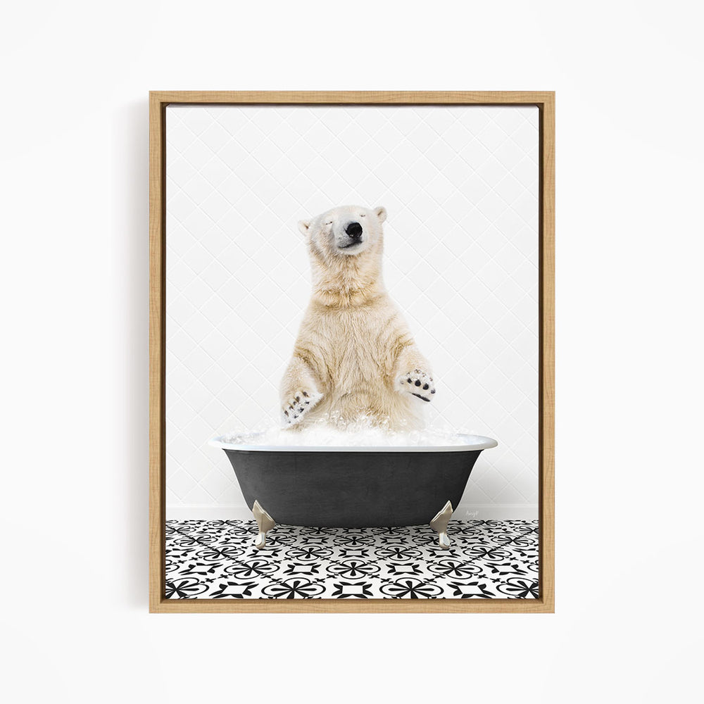 A polar bear standing in a bathtub filled with water, with its paws raised in the air.