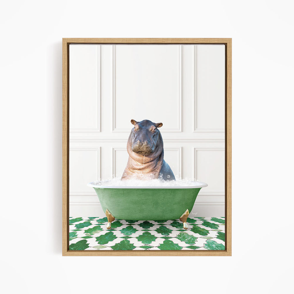 A hippopotamus sitting in a green bathtub filled with water, surrounded by a green and white patterned floor.