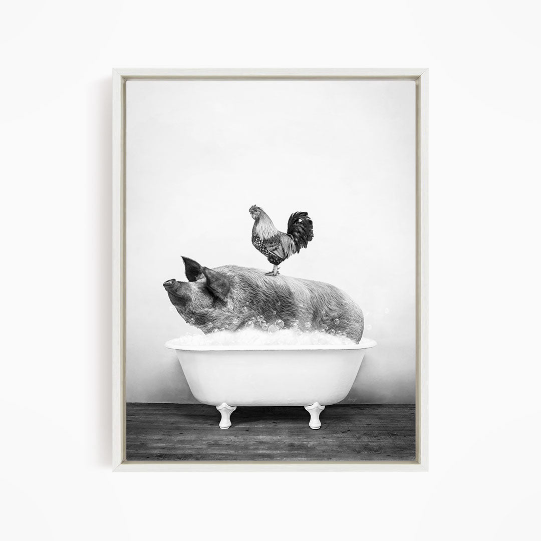 A rooster stands on a pig's back while the pig is sitting in a bathtub filled with water.