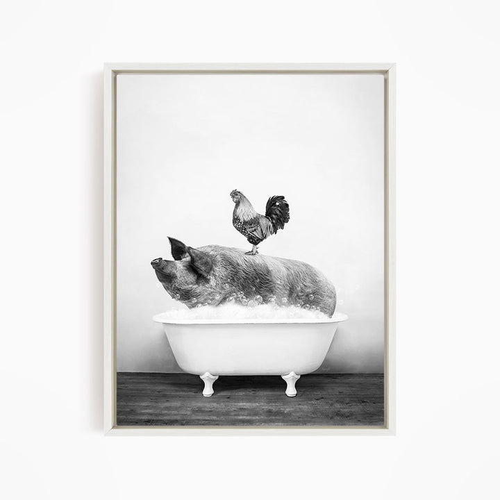 A rooster stands on a pig's back while the pig is sitting in a bathtub filled with water.