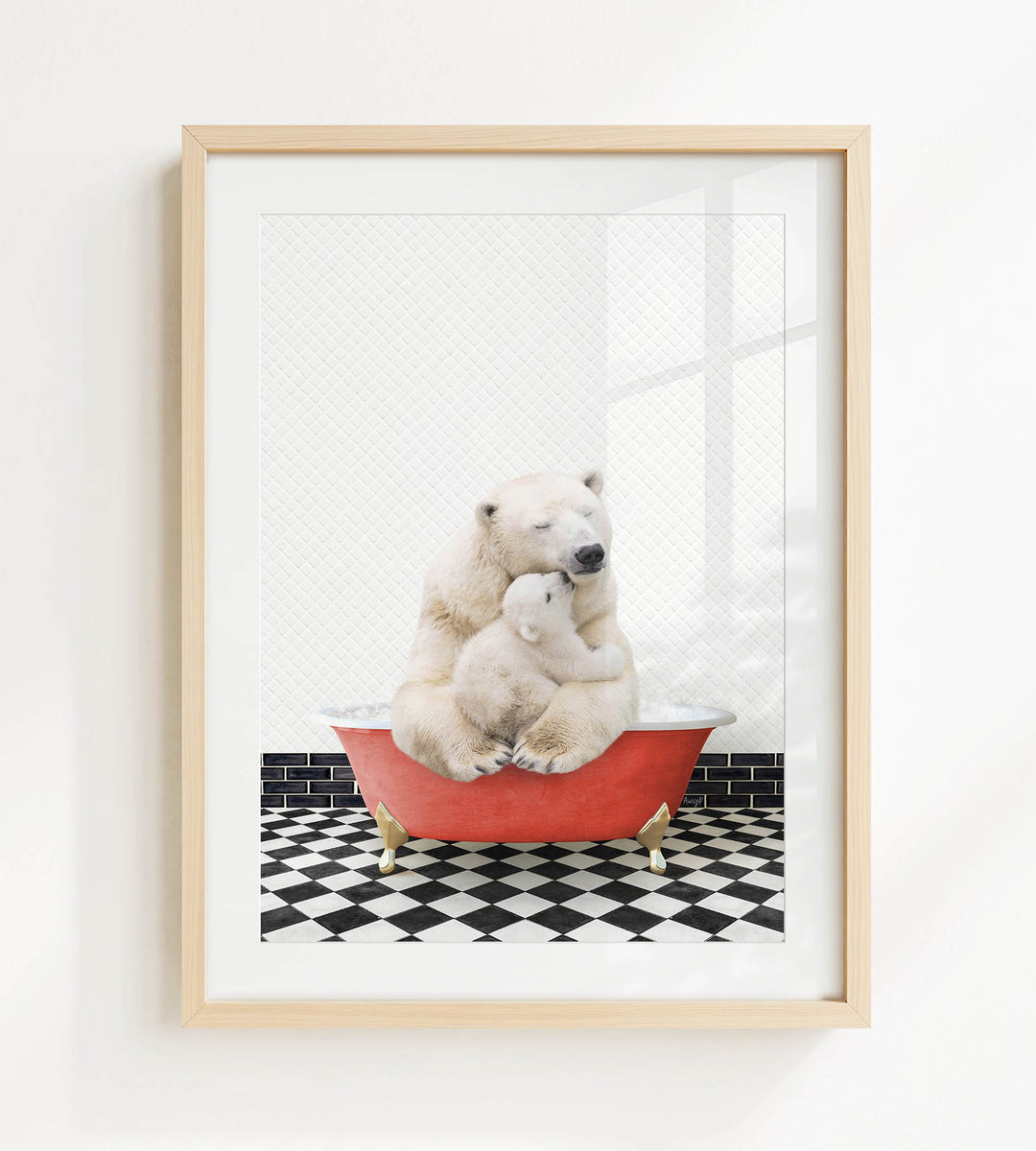 A framed image depicting two polar bears sitting in a red bathtub, with a black and white checkered floor in the background.