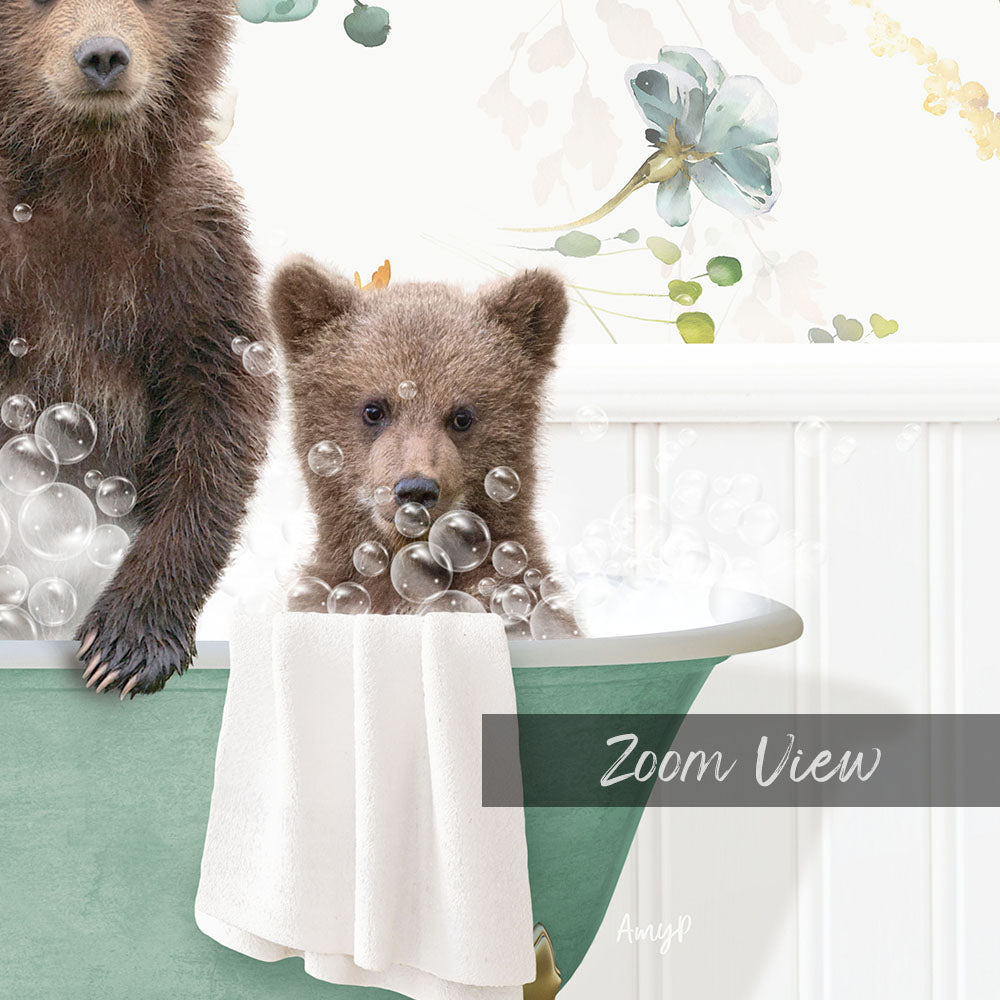 A brown bear and a baby bear sitting in a bathtub filled with bubbles, with a floral wallpaper in the background.