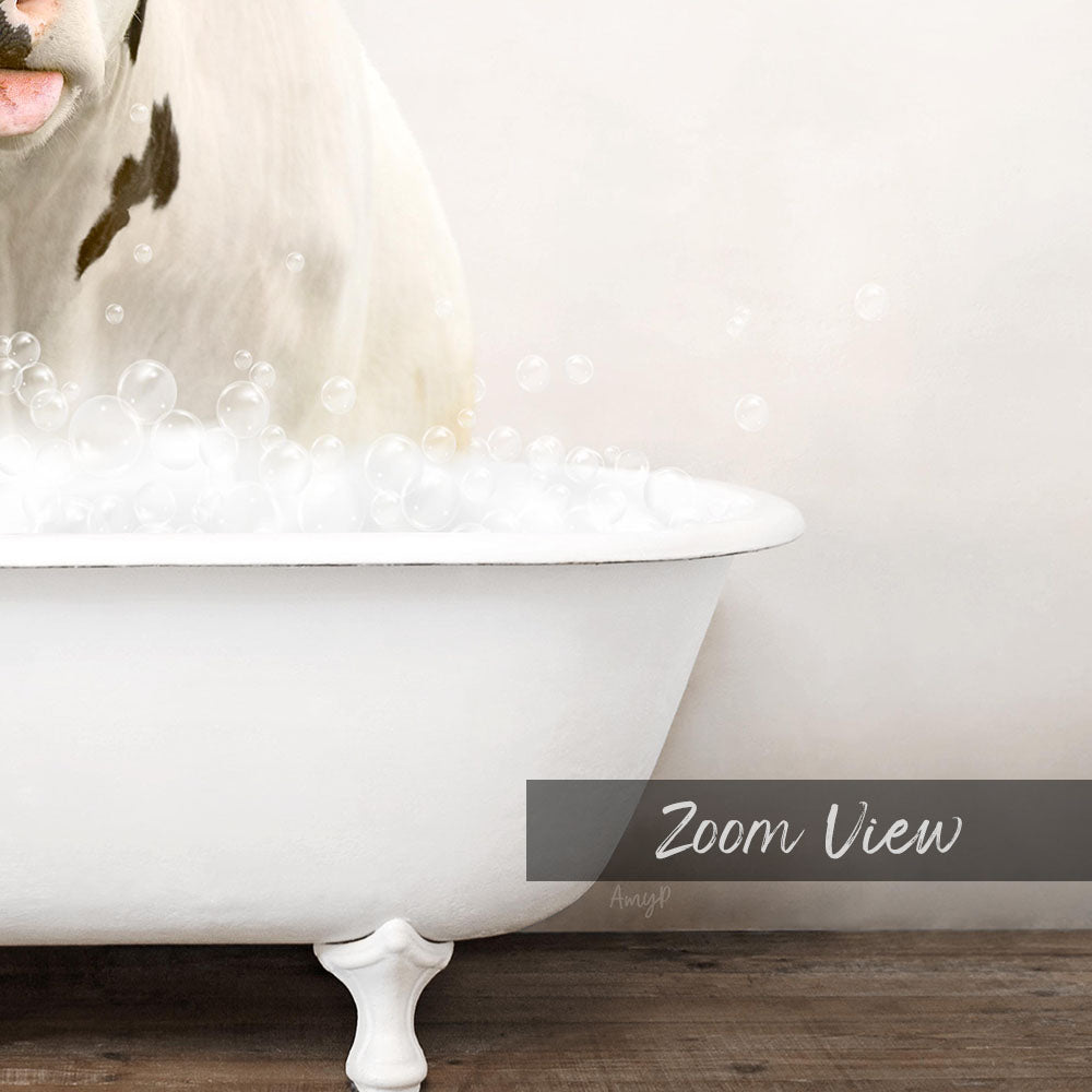 A white bathtub filled with bubbles, with a dog sitting inside and enjoying the bath.