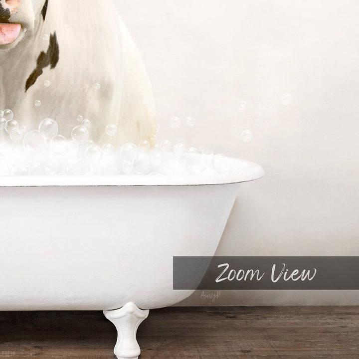 A white bathtub filled with bubbles, with a dog sitting inside and enjoying the bath.