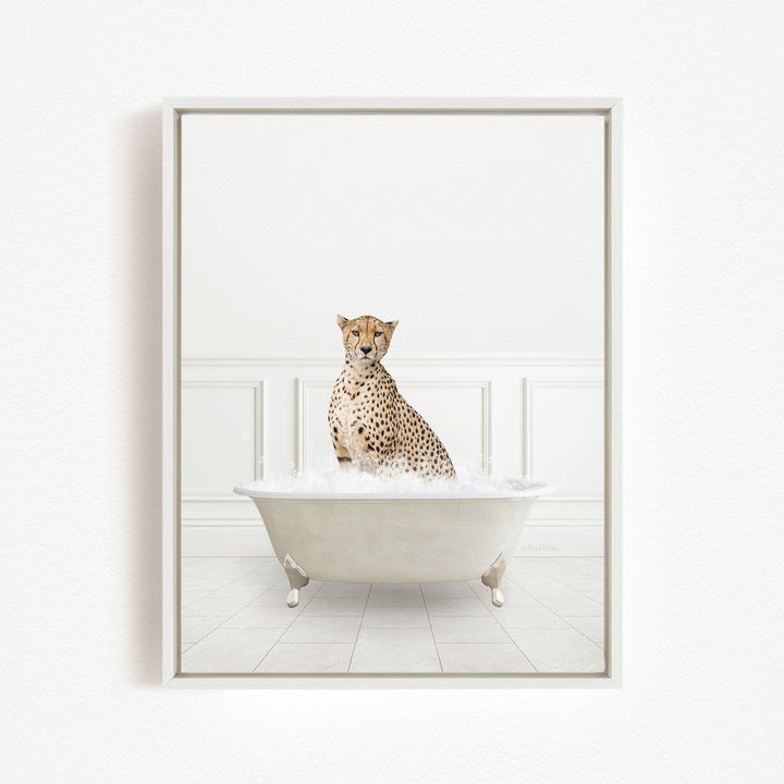 A cheetah sitting in a white bathtub filled with water, creating a whimsical and playful scene.
