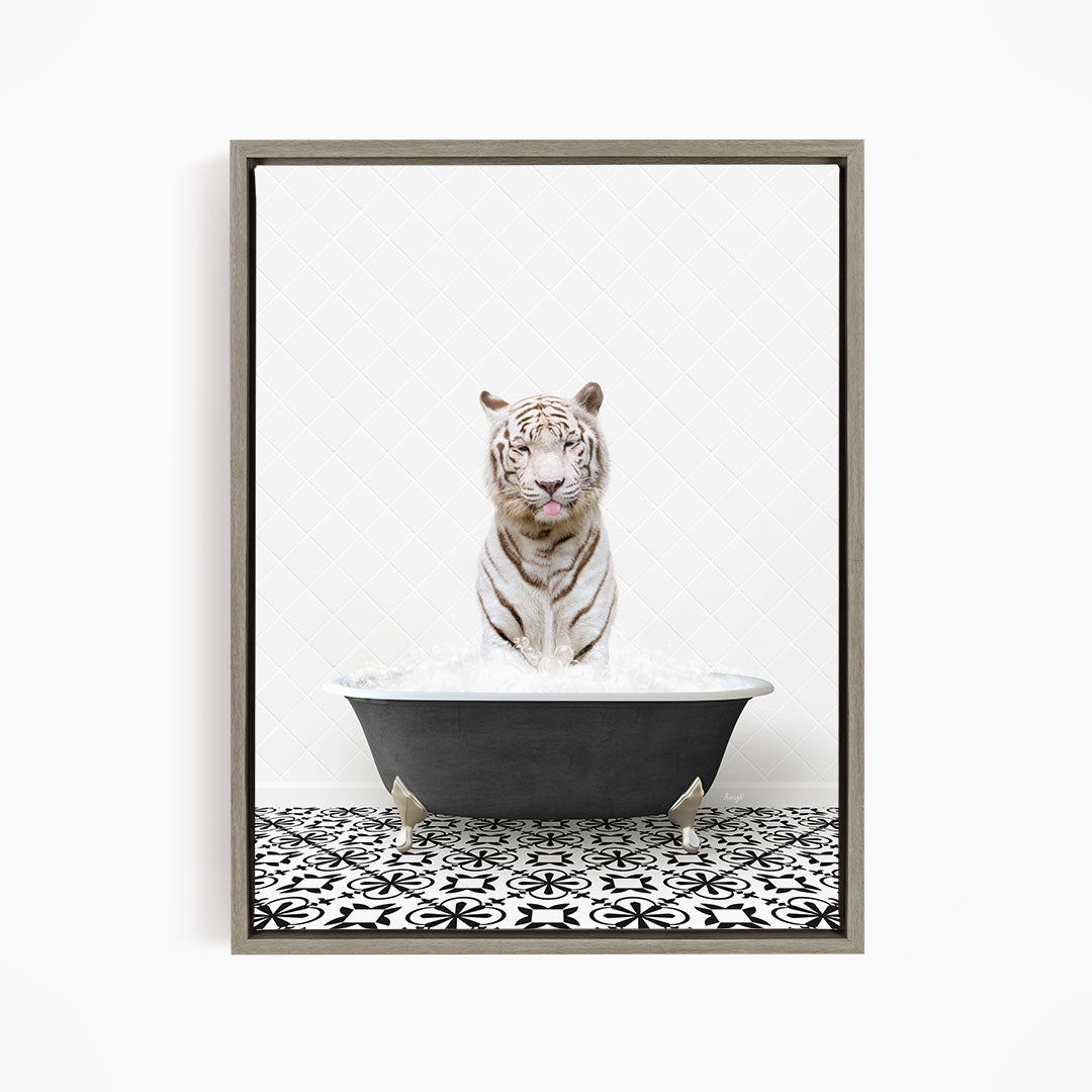 A white tiger sitting in a bathtub filled with water, surrounded by a black and white patterned floor.