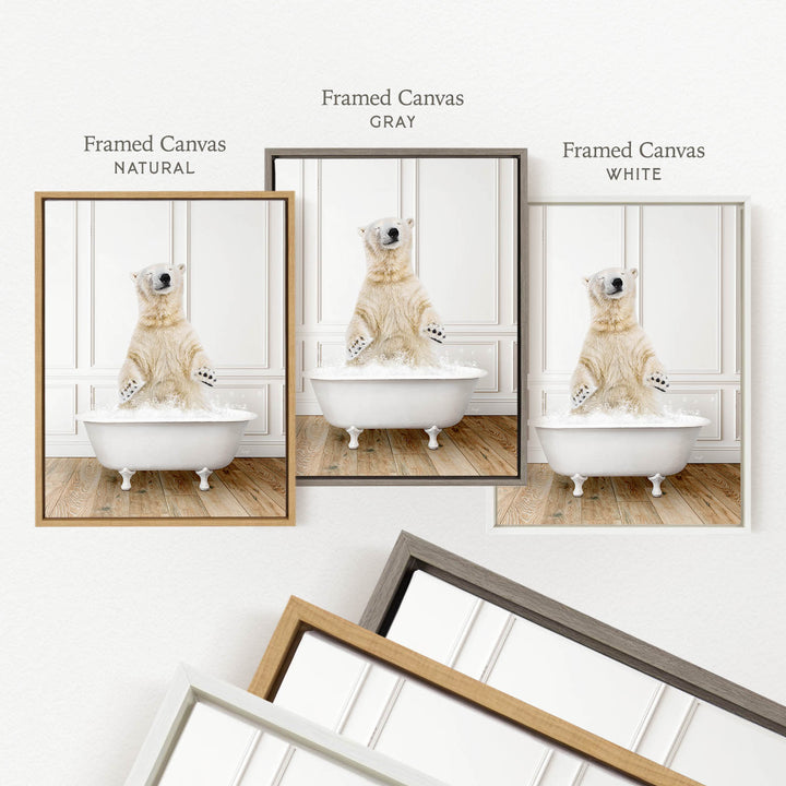 a polar bear sitting in a bathtub, with three framed versions of the image displayed side by side.