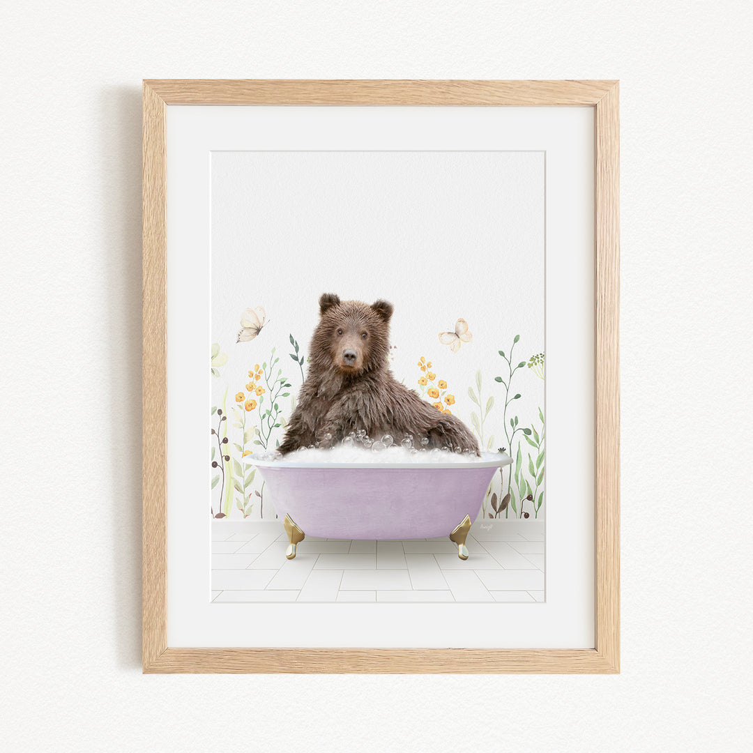 A brown bear sitting in a purple bathtub filled with bubbles, surrounded by flowers and butterflies.