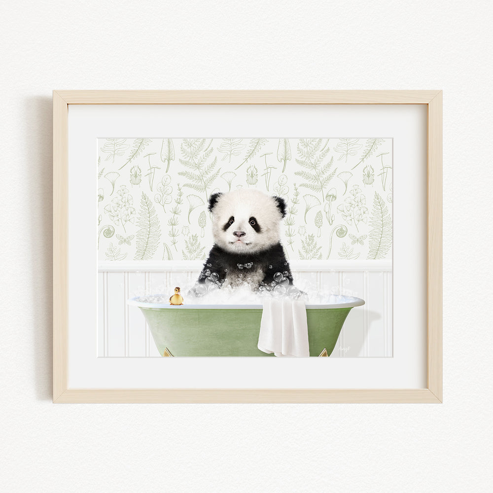 A panda bear sitting in a green bathtub filled with bubbles, surrounded by a green and white floral pattern.