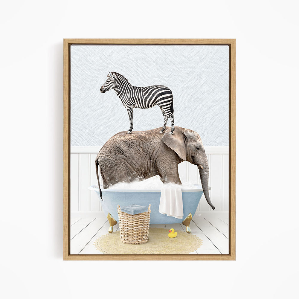 A zebra standing on an elephant's back while the elephant is in a bathtub filled with water and bubbles.