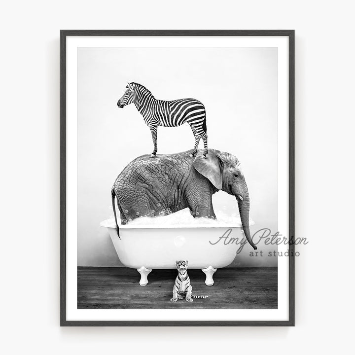 a zebra standing on top of an elephant in a bathtub