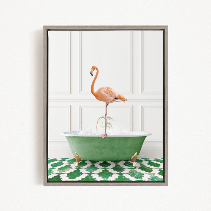 A pink flamingo stands on a green bathtub filled with water, creating a whimsical and playful scene.