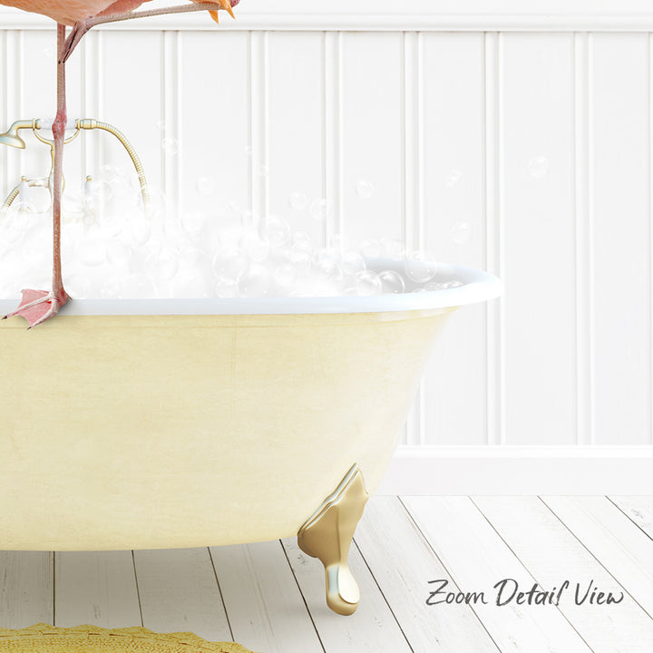 A white claw-foot bathtub filled with bubbles, with a pink flamingo perched on the edge.