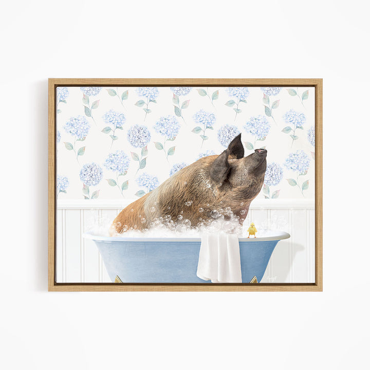 A pig sitting in a blue bathtub, surrounded by bubbles, with a yellow bird perched on the edge of the tub.