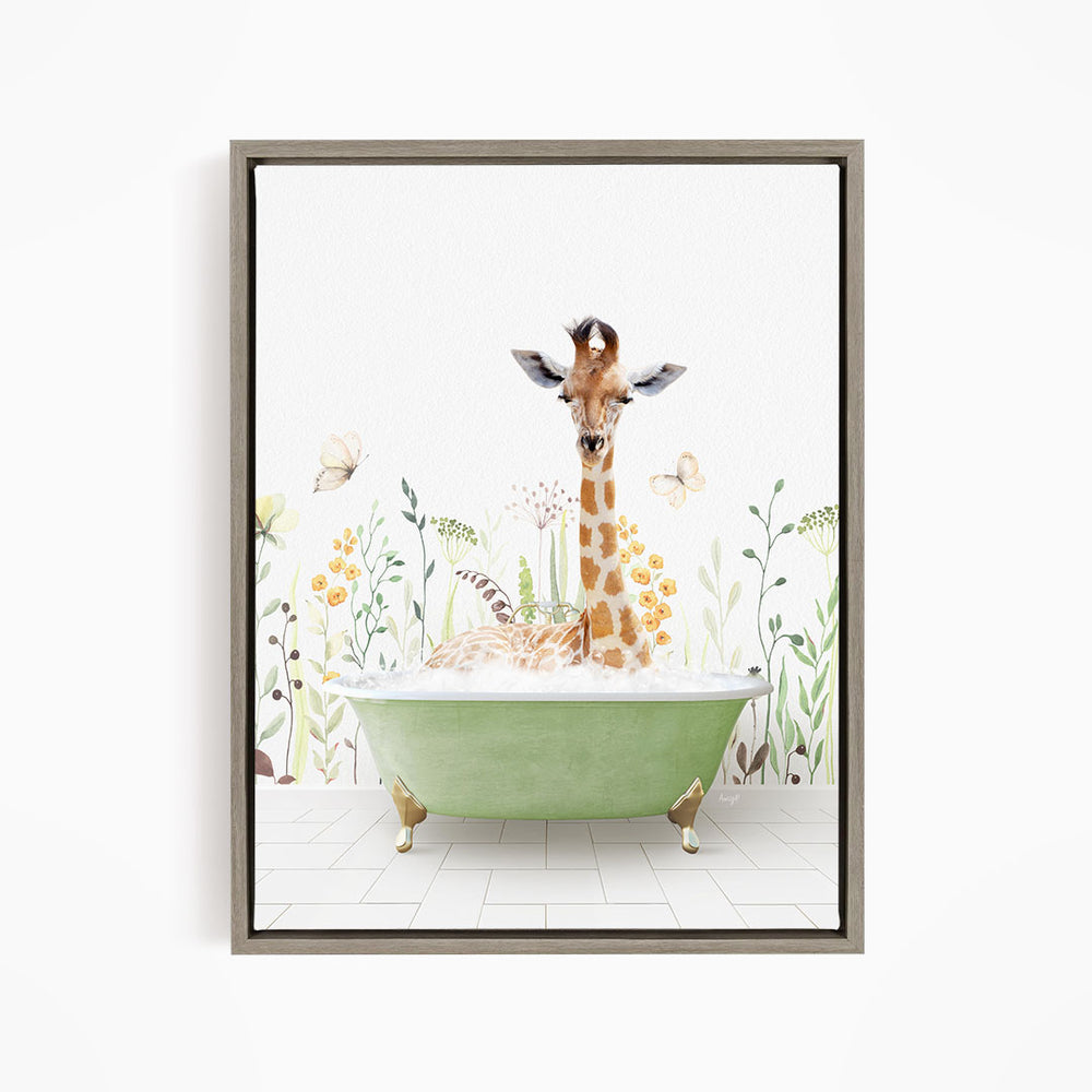 A giraffe sitting in a green bathtub filled with bubbles, surrounded by flowers and butterflies.