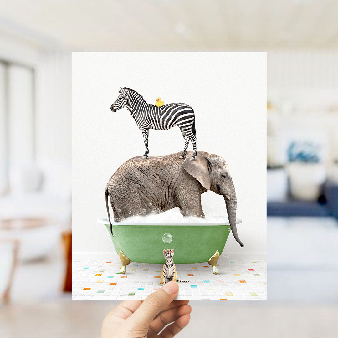 A zebra standing on the back of an elephant, with a small tiger standing in a green bathtub filled with bubbles, and a yellow duck sitting on the elephant's head.