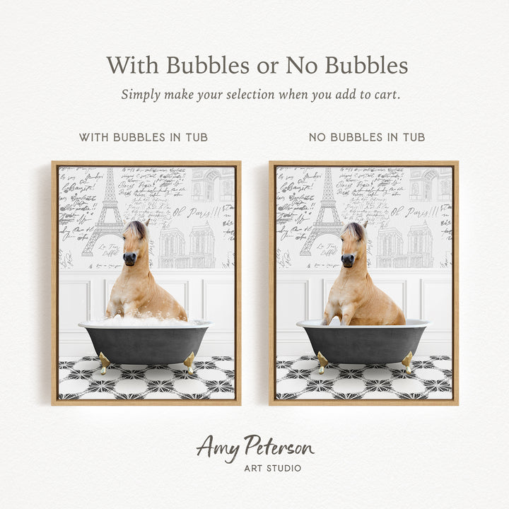 The image is a collage of two pictures featuring a horse sitting in a tub. The first picture shows the horse sitting in the tub with bubbles, while the second picture shows the horse sitting in the tub without bubbles. The text above the images reads "With Bubbles or No Bubbles Simply make your selection when you add to cart."