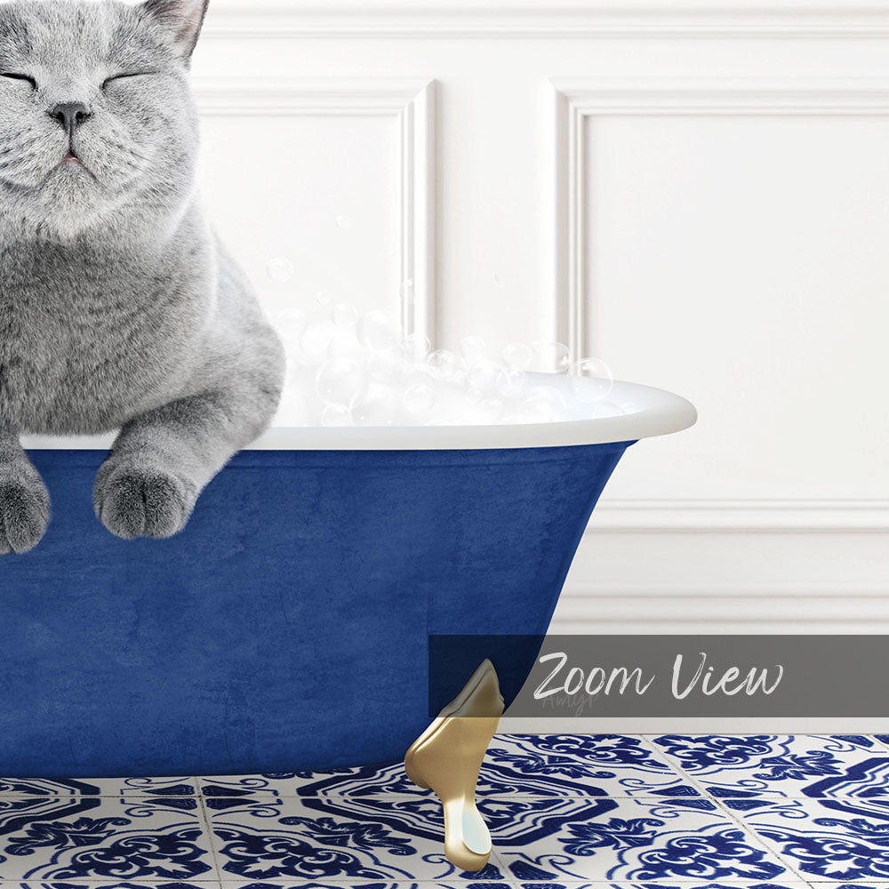A gray cat sitting in a blue bathtub filled with water, with steam rising from the tub.
