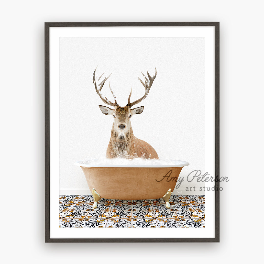 a picture of a deer sitting in a bathtub