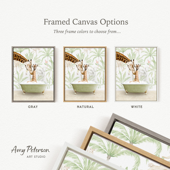 three framed canvas options, each featuring a giraffe in a bathtub. The options include a gray frame, a natural frame, and a white frame. The text above the images reads " Framed Canvas Options" and "Three frame colors to choose from...". The bottom of the image includes the text " Amy Peterson ART STUDIO".