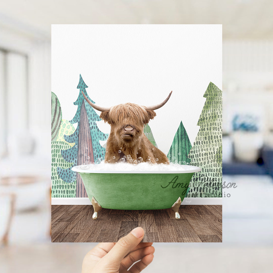 a dog sitting in a bathtub with trees in the background