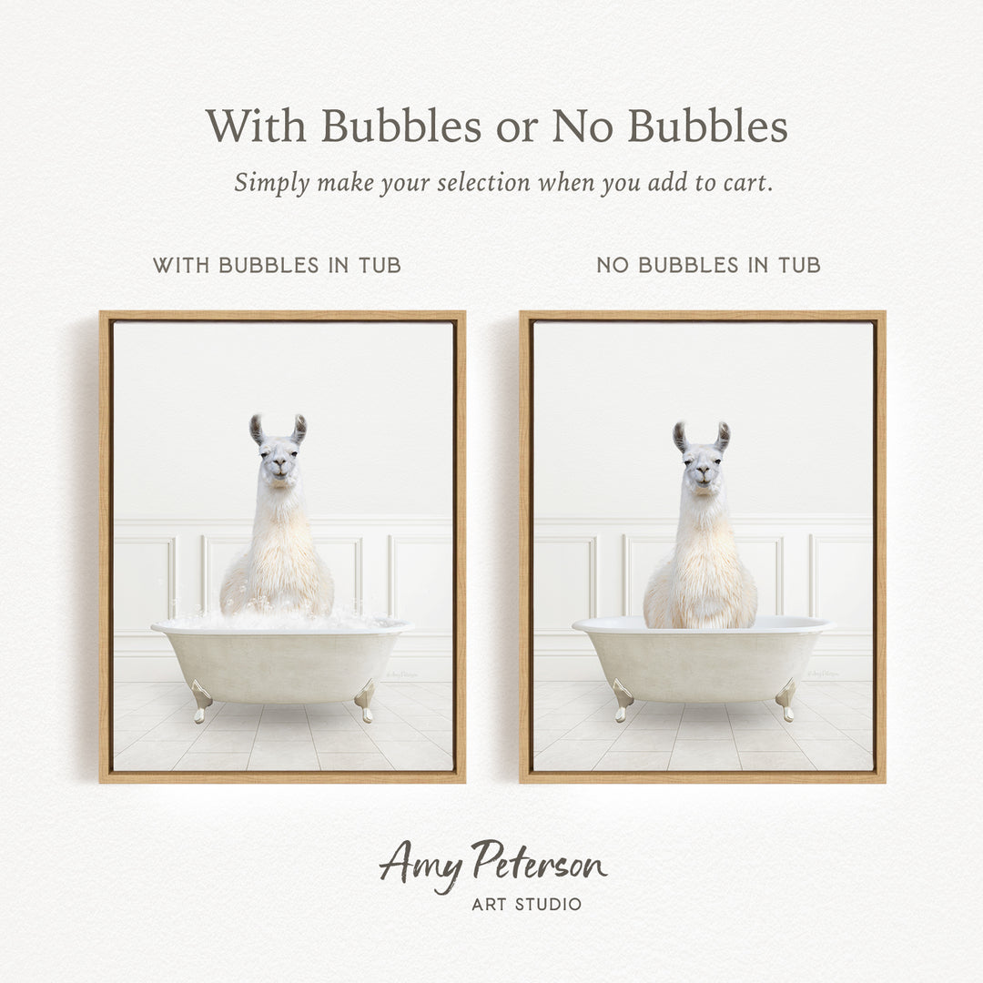 The image is a collage of two framed pictures, each featuring a white llama sitting in a white bathtub. The text above the images reads "With Bubbles or No Bubbles" and below the images, it says "Simply make your selection when you add to cart."