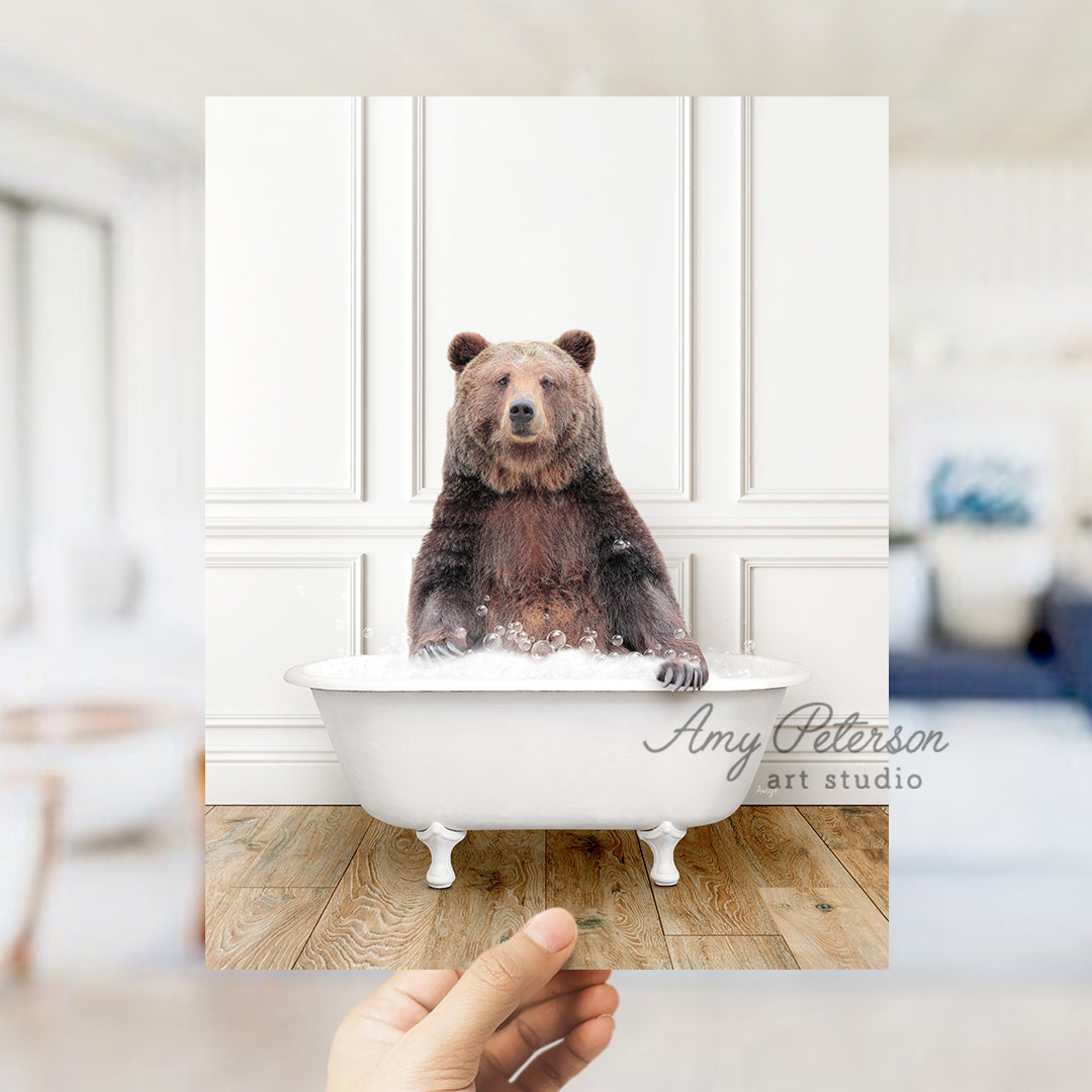 a bear sitting in a bathtub in a room